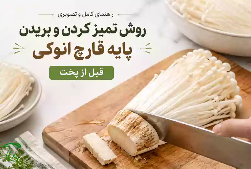 بریدن ته سفت خوشه قارچ انوکی با چاقو