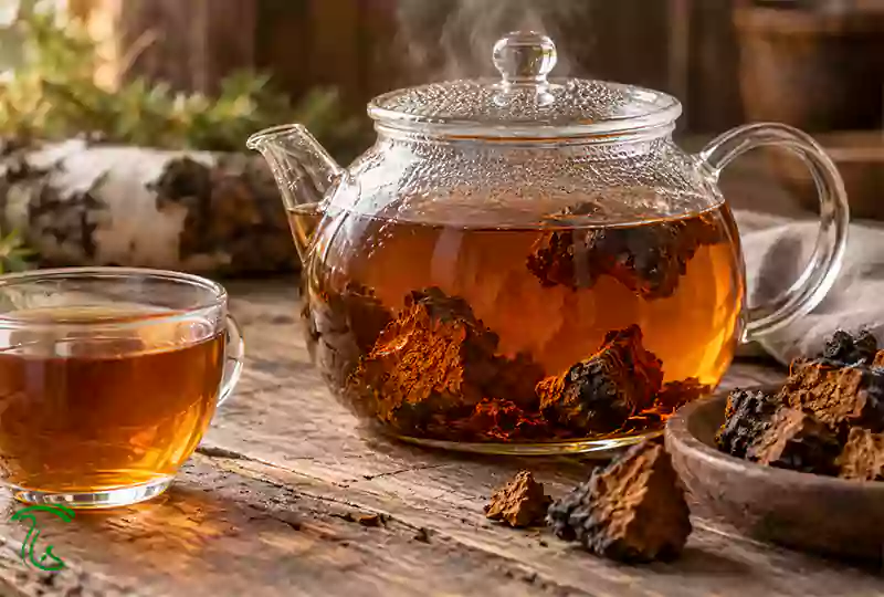 قطعات خشک چاگا در ظرف آب گرم برای تهیه دمنوش چاگا