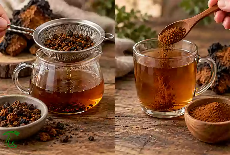 مقایسه پودر خام چاگا در صافی با پودر عصاره آماده افزودن به نوشیدنی