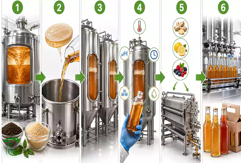دیاگرام جریان فرآیند (Flowchart) تولید صنعتی کامبوچا و کنترل مراحل تخمیر