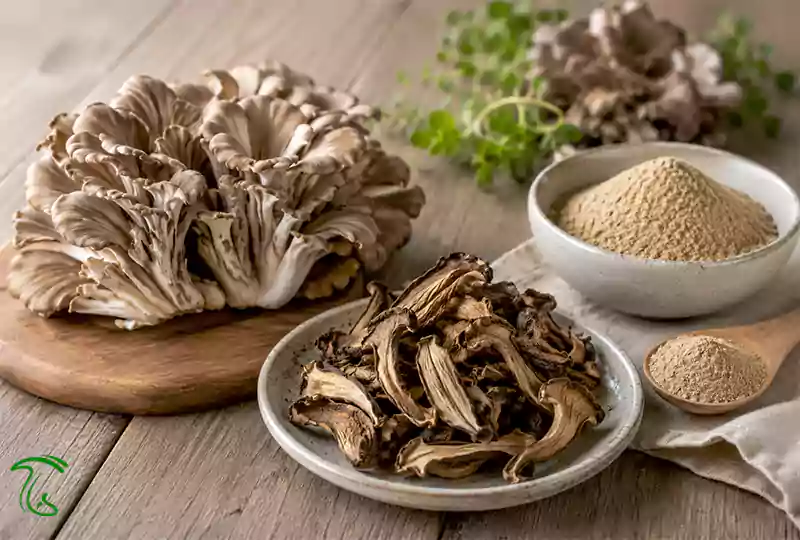 شکلهای عرضه قارچ مایتاکه شامل تازه، خشک و پودر در بازار