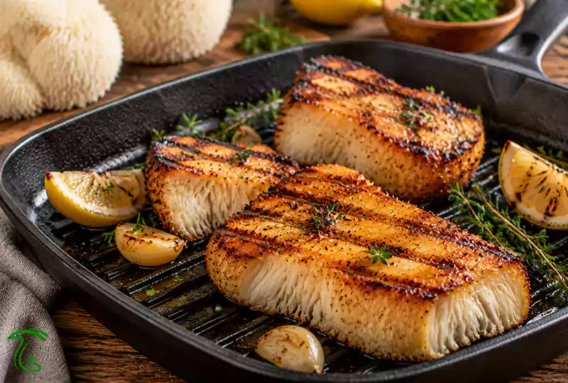 قارچ یال شیر گریل شده با خطوط طلایی روی سطح