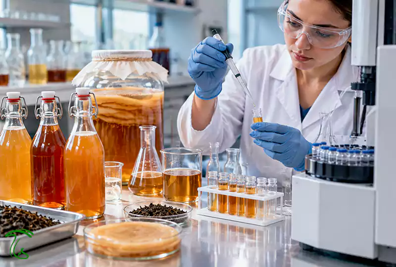آزمایش میزان ترکیبات کامبوچا در آزمایشگاه با نمونههای تخمیر و بطریها