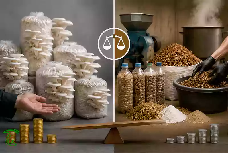 کیسههای بستر در حال باردهی در یک سو و دستگاه، بطری اسپان و مواد خام بستر در سوی دیگر، کنار ترازو و سکه