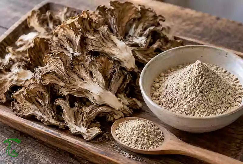 قطعات خشک مایتاکه روی سینی و پودر حاصل از آسیاب قارچ