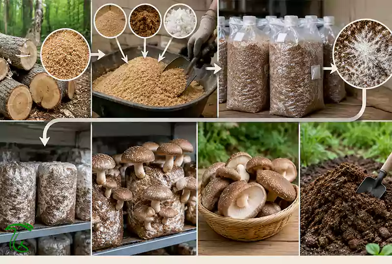 مواد اولیه بستر شیتاکه شامل خاکاره، سبوس و مواد معدنی
