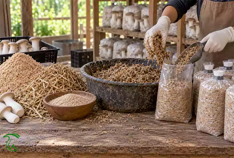 آمادهسازی مواد بستر و پرکردن کیسه کشت شاه صدف
