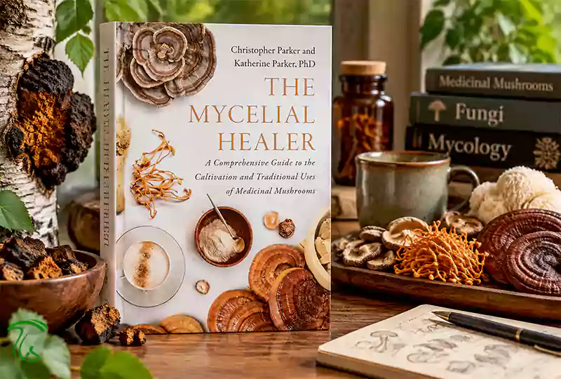 تصویرسازی کتاب The Mycelial Healer روی میز چوبی کنار چاگا و قارچهای دارویی خشک
