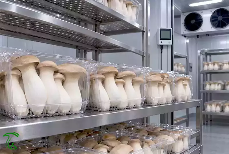 نگهداری بسته های قارچ شاه صدف در سردخانه با کنترل دما و رطوبت
