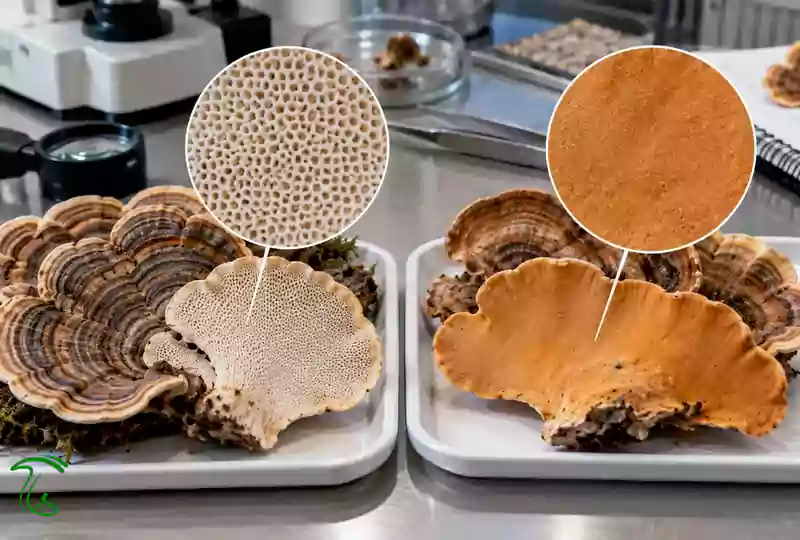 مقایسه قارچ دم بوقلمون واقعی و Stereum ostrea از نظر سطح زیرین