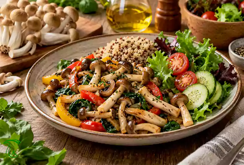 خواص قارچ شیمجی؛ خوشههای تازه شیمجی سفید و قهوهای در کنار سبزیجات